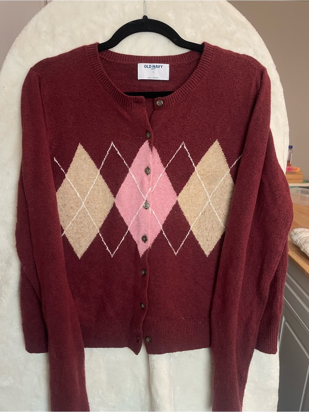 Old Navy Burgundy Argyle Button Cardigan Sweater